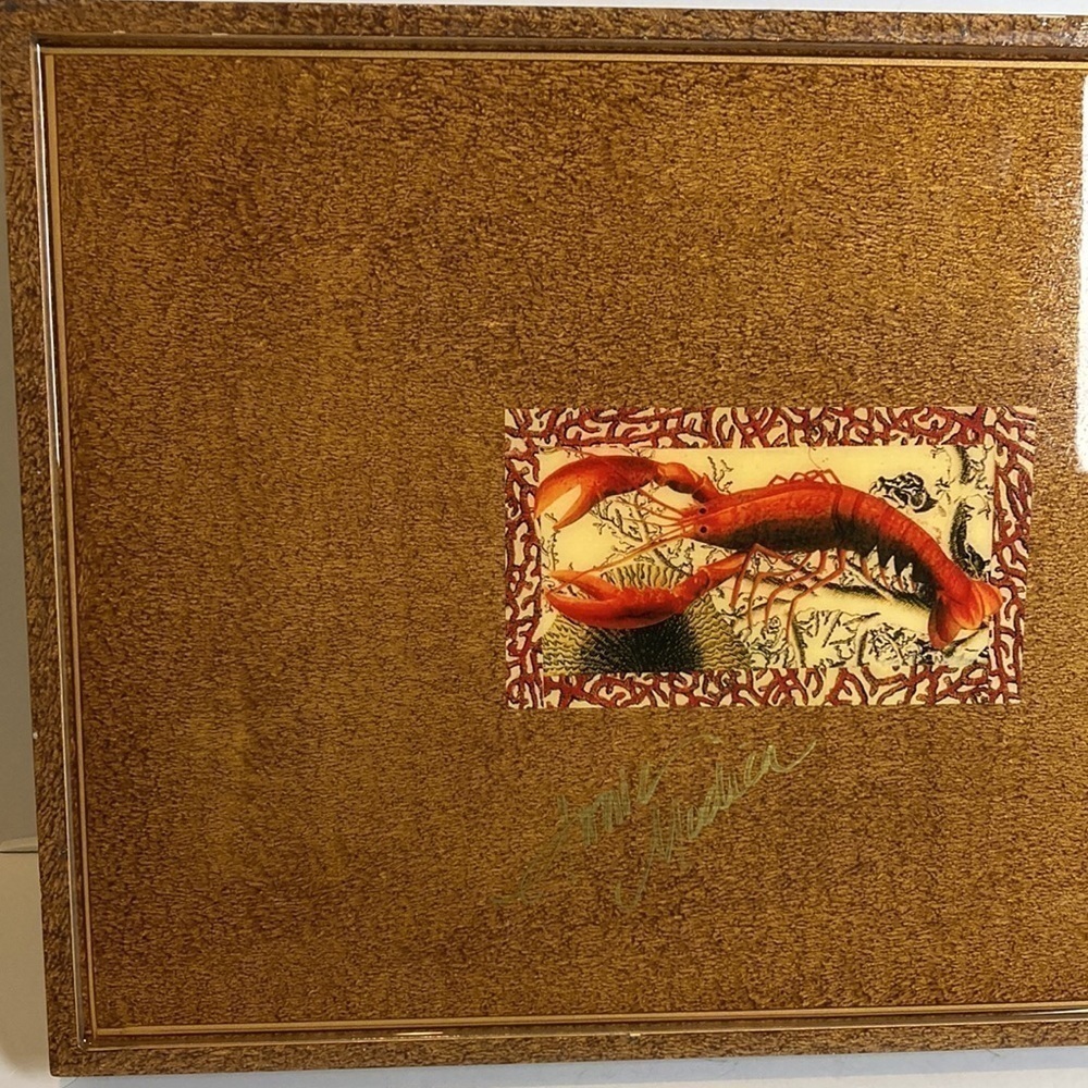 Annie Modica Signed Lobster Coral Stripe Decoupage Style Handle Tray Artisan - Picture 8 of 16